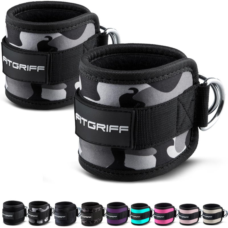 FitgriffÂ® Ankle Straps V1 for Cable Machine (2 Pieces) - Gym Workout Equipment - Leg Pulley Attachment, Kickback Straps (CaÂ­mo-Grey) - Image 1